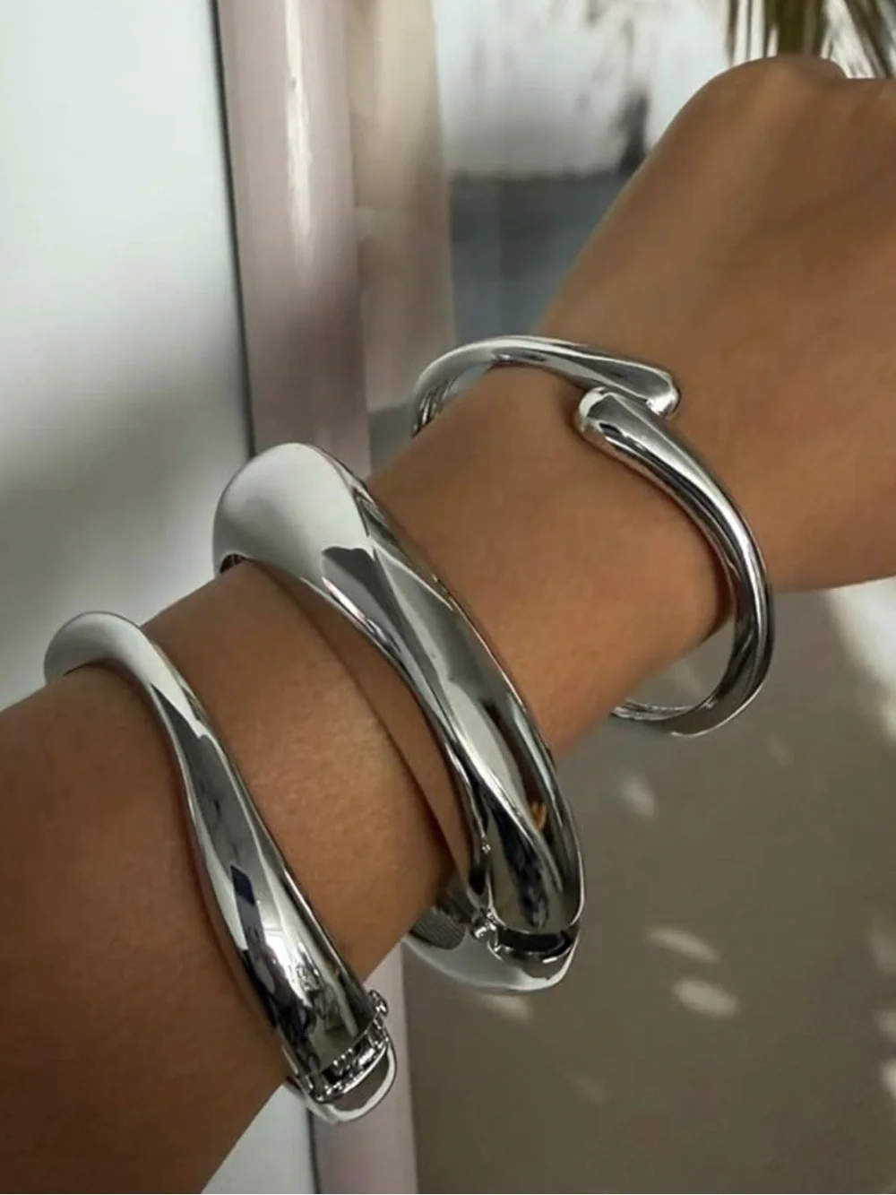 14K Gold Plated Silver Trendy Stackable Cuff Bracelet Set